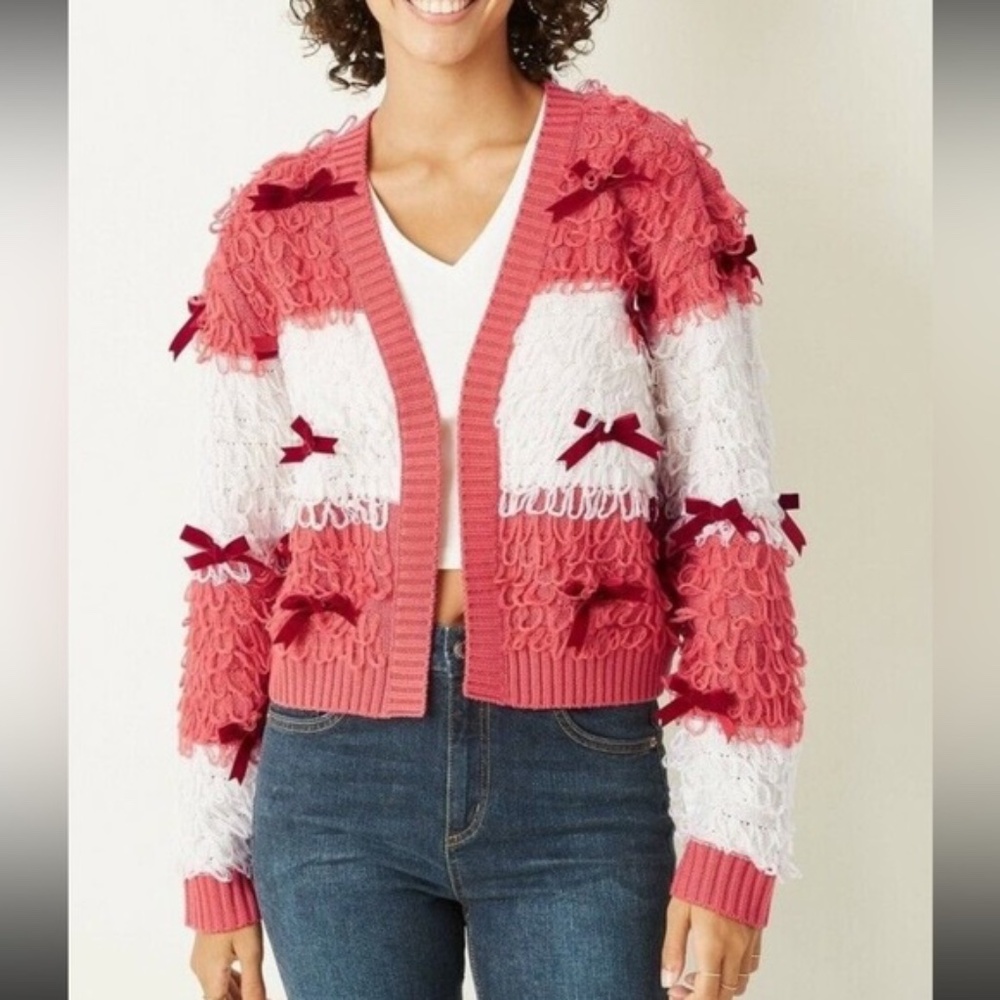 Mighty Fine Pink Velvet Red Bow Loop Cardigan Women's Cute Unique Sweater Large